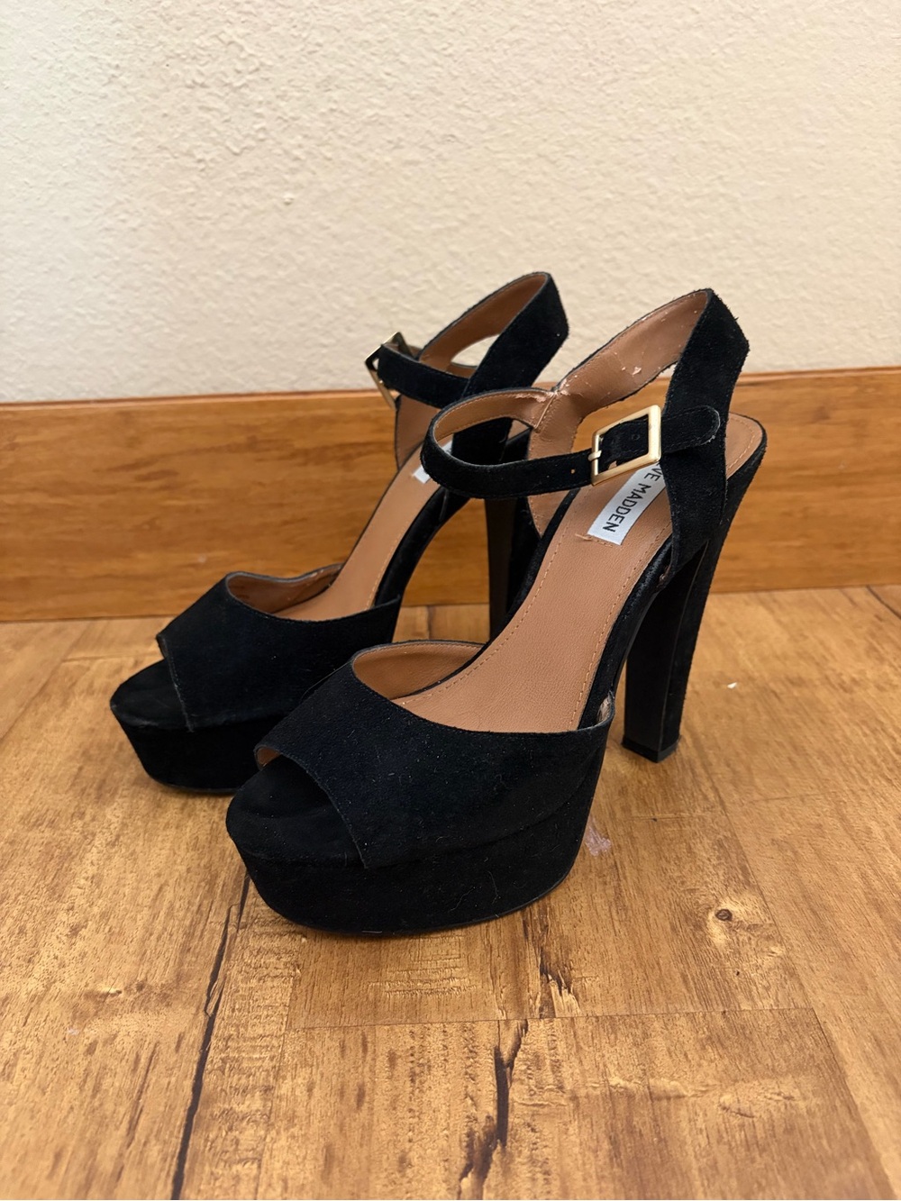 Steve Madden Black Platform Suede Ankle-Strap Heels - Women